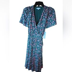 NWT Draper James RSVP Wrap Dress Floral Teal Short Sleeve & Pockets retails $68